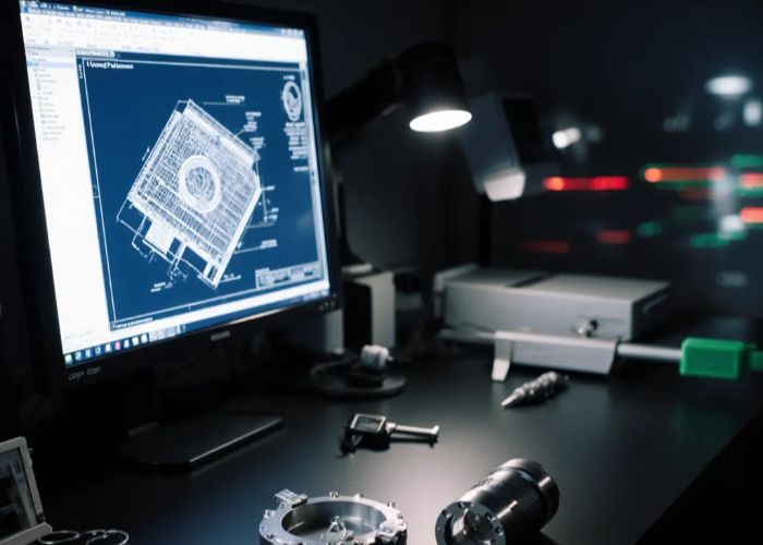 Engineering workstation with CAD drawing and parts