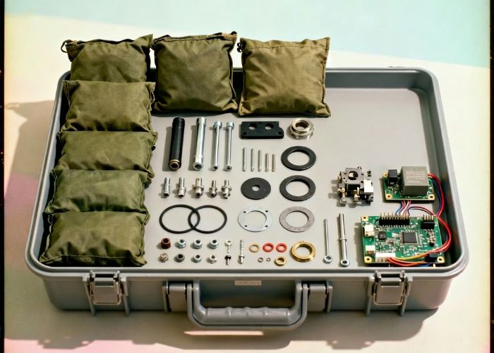 Organized electronics and hardware components in case