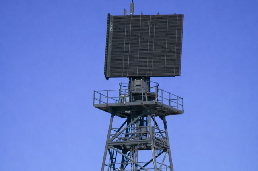Rectangular radar antenna mounted on steel tower