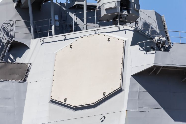 Flat octagonal panel on gray naval superstructure
